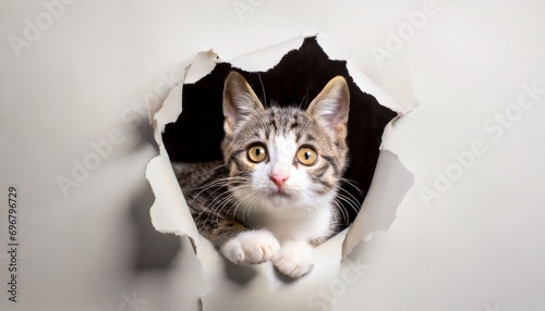 cat looking up in paper side torn hole isolated © Bryson