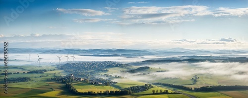 paysage aérien de campagne française avec un village et des éoliennes, légère brume matinale photo