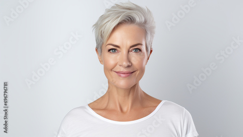 Portrait of middle aged woman on white background looking at camera