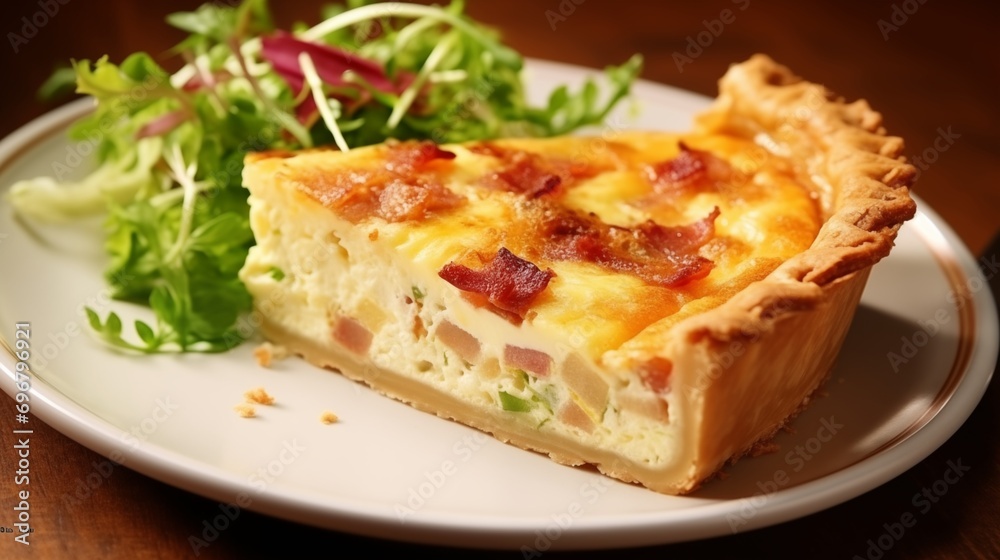Quiche Lorraine A savory tart made with a custard filling of eggs, cream, cheese, and bacon. Other variations may include vegetables or seafood