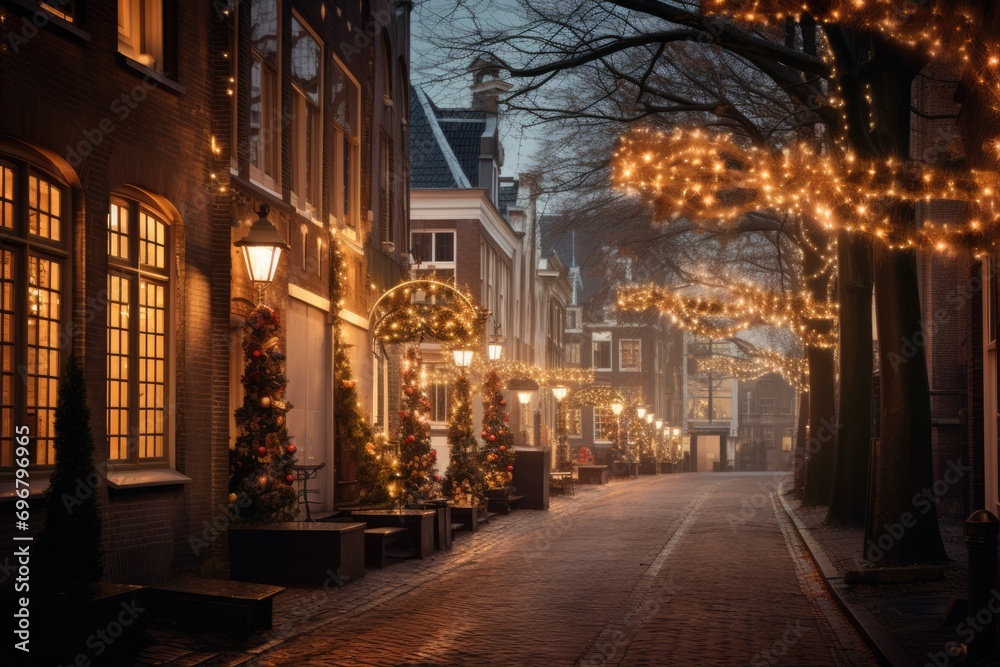 Festive Street Illuminated with Christmas Lights