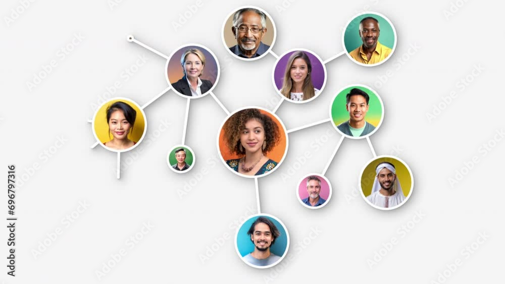 Growing network of diverse people. Social network or business team. All people are fictitious AI generated images.