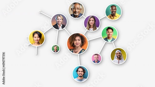 Growing network of diverse people. Social network or business team. All people are fictitious AI generated images.