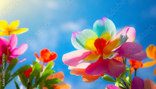 colorful flower on blue sky background close up abstract photo