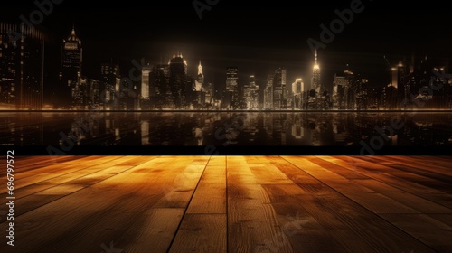 Cityscape Reflections on a Darkened Wood Floor