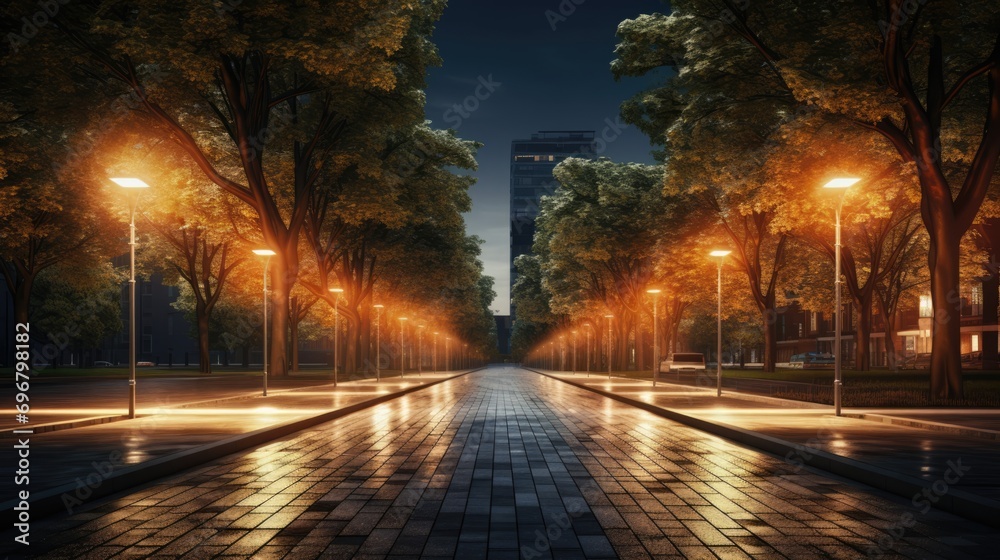 A serene night-time walk down a tree-lined city street