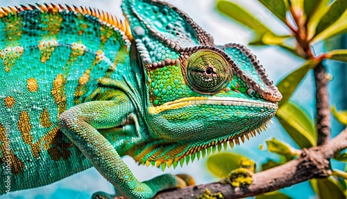 green colored chameleon close up generative ai © Bryson