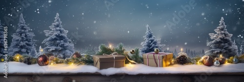 Wallpaper Mural A Christmas Tree with presents and a star, surrounded by a snowy forest Torontodigital.ca