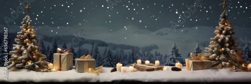 A Christmas Eve Night Sky with Snow-Capped Trees and Candles © shelbys
