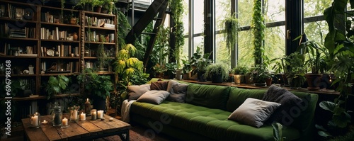 intérieur contemporain, salon rempli de plantes vertes, salon avec télévision et canapés. Grande baie vitrée photo