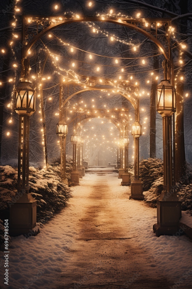 Snowy Pathway Illuminated by String Lights at Night
