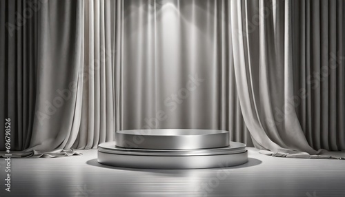 silver color podium pedestal stage or dias for product display exhibition or photography in a modern and elegant studio settings with drapes and curtains backdrop