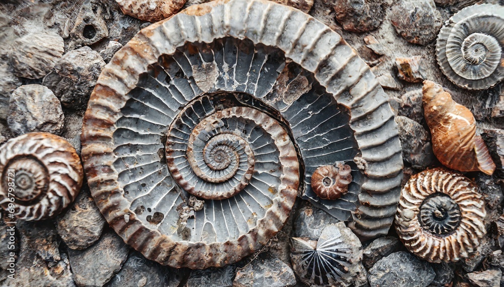 abstract background with ancient prehistoric ammonite fossils fossil spiral mollusk close up concept of archaeological excavations geological research ammonite background top view