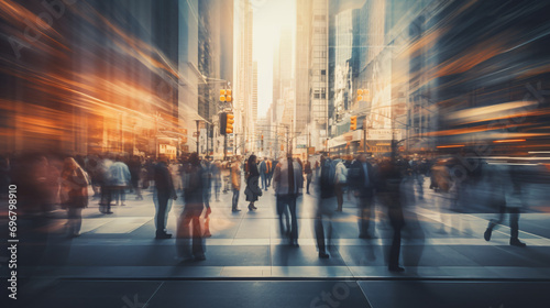 Motion blurred crowd walking in the city