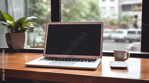A blank screen for hand typing text,using laptop and mobile phone contact business searching information in workplace on desk at office.