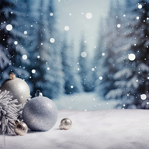 A magical Christmas scene featuring a snowy forest and festive ornaments