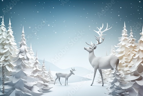 A magical winter scene with two deer near snowy trees
