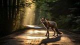 un renard roux traverse une route en bitume qui traverse la forêt