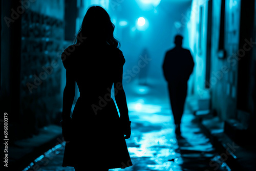 Tense scene of a woman being followed by a man in a dark alley at night. Concept of crime and assault against women. photo