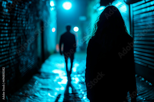 A woman being followed by a man in a dark alley at night. Concept of crime and assault against women.
 photo