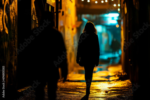 Wallpaper Mural A woman being followed by a man in a dark alley at night. Concept of crime and assault against women.
 Torontodigital.ca