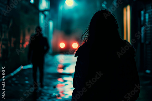 A woman being followed by a man in a dark alley at night. Concept of crime and assault against women.
 photo