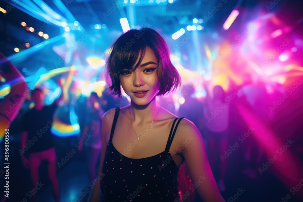 Portrait of young beautiful asian woman dancing in night club. Portrait of young beautiful asian woman dancing in night club.