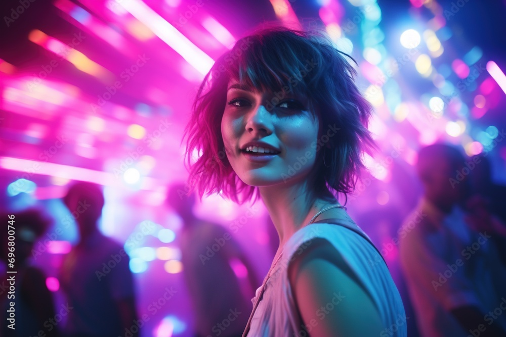 Portrait of young beautiful asian woman dancing in night club.