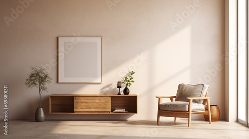 Minimalistyczne białe wnętrze pokoju z ramą obrazu i meblami