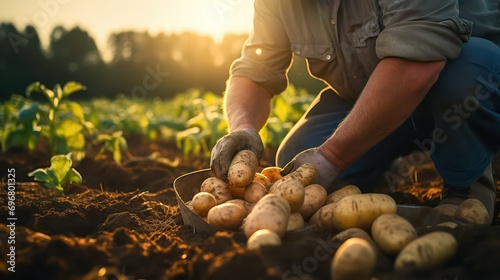farmer planting potatoes in the field photo
