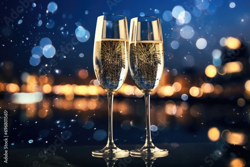Pair of champagne glasses sparkling in the night sky