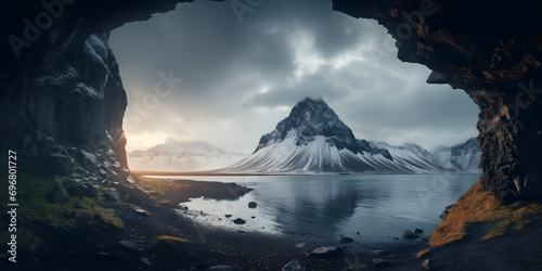 Mountains, water and black sand in Iceland.