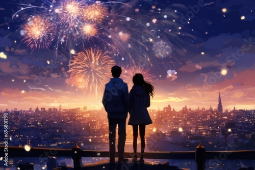 A couple watches fireworks from a bridge, capturing the magic of the night sky.