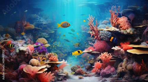 Underwater Coral Reef with Tropical Fish and Sunbeams