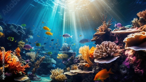 Underwater Coral Reef with Tropical Fish and Sunbeams © Polypicsell