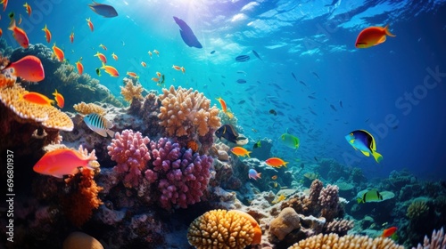 Underwater Coral Reef with Tropical Fish and Sunbeams © Polypicsell