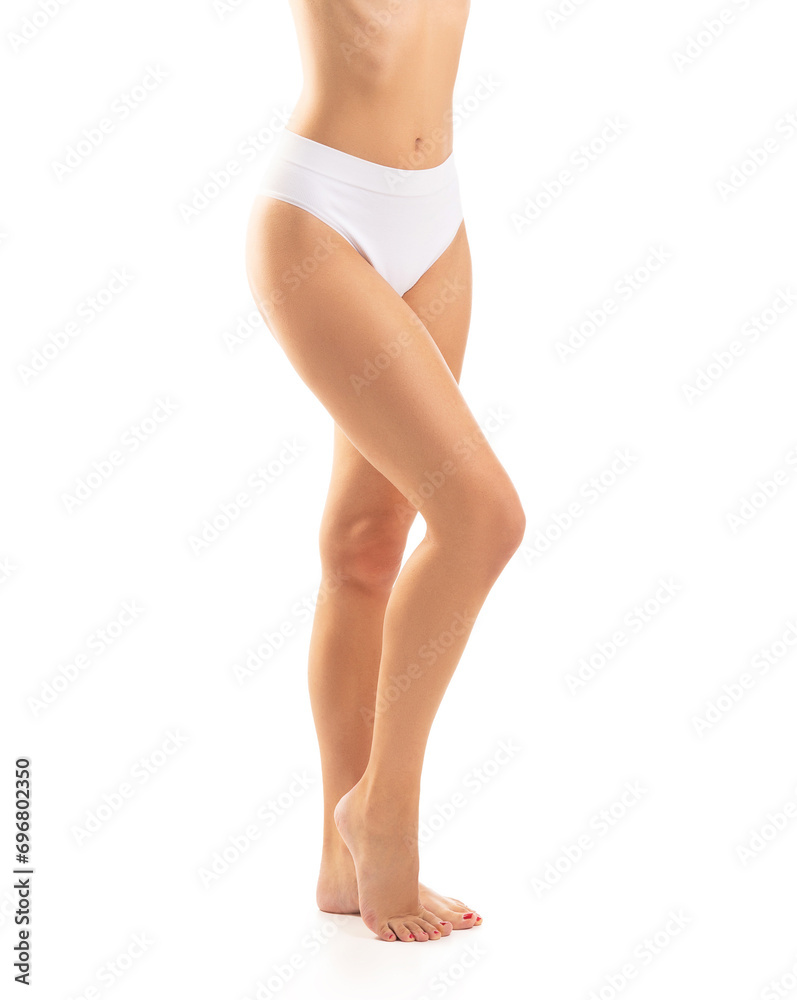 Perfect body of young and beautiful woman in swimsuit isolated on white. Weight loss, diet, sport and fitness concepts.