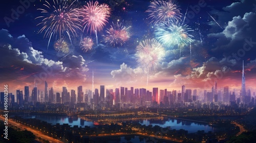 Celebratory Fireworks Display over a City Skyline