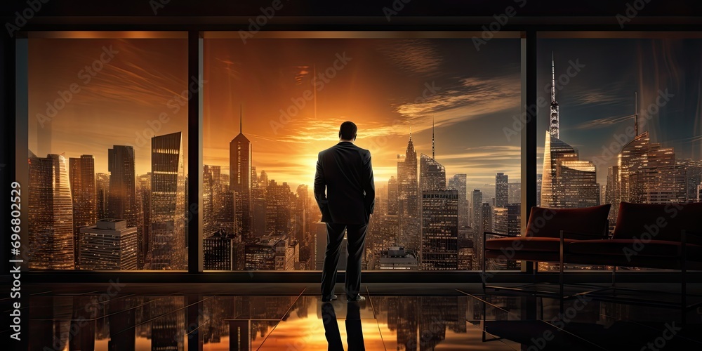 Fototapeta premium Contemplative business leader. Striking image businessman stands against backdrop of modern cityscape gazing into future with expression. Dressed in sharp suit exudes confidence and professionalism