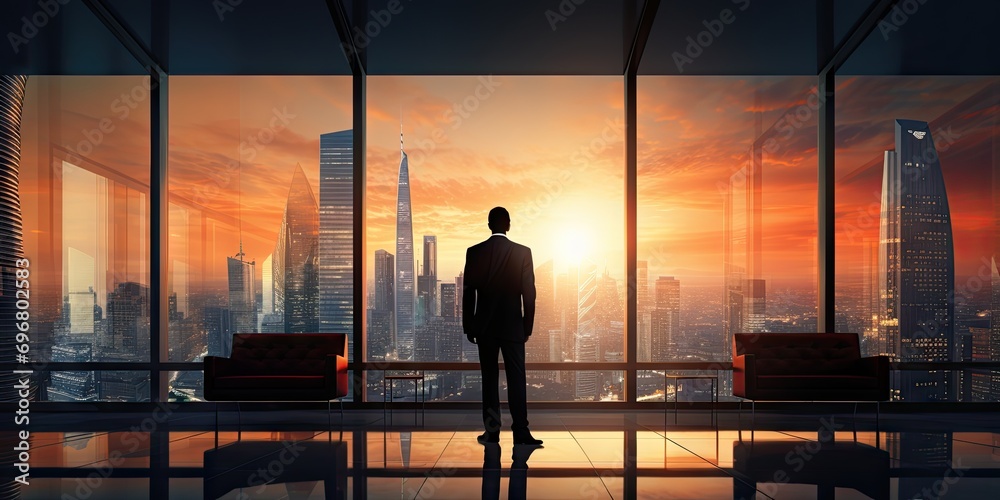 Contemplative business leader. Striking image businessman stands against backdrop of modern cityscape gazing into future with expression. Dressed in sharp suit exudes confidence and professionalism