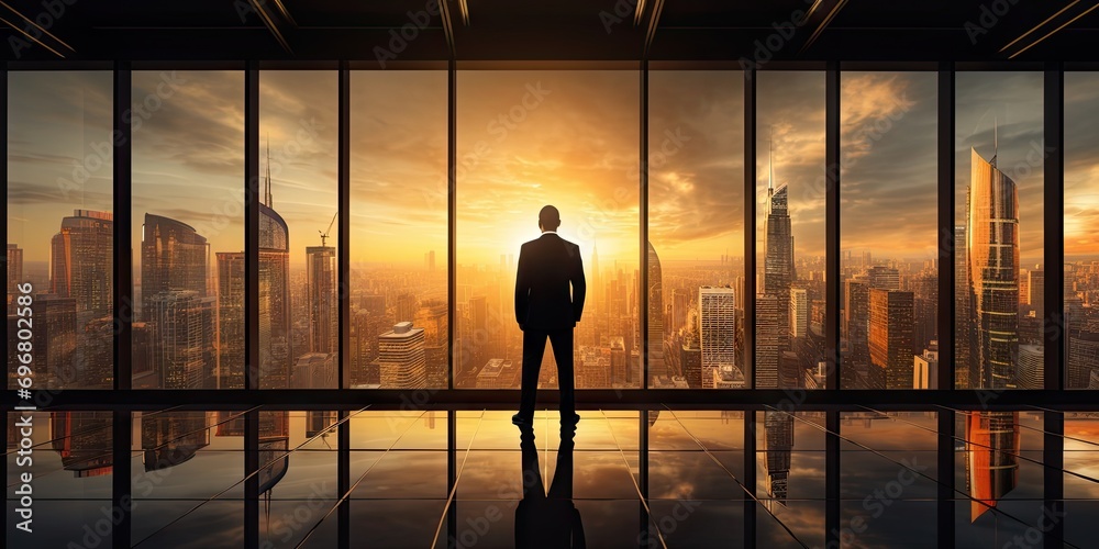 Contemplative business leader. Striking image businessman stands against backdrop of modern cityscape gazing into future with expression. Dressed in sharp suit exudes confidence and professionalism