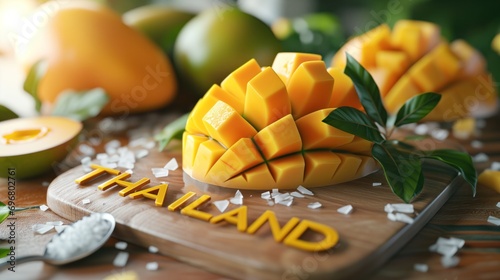 thai sticky rice with mango and thailand text © Layerform