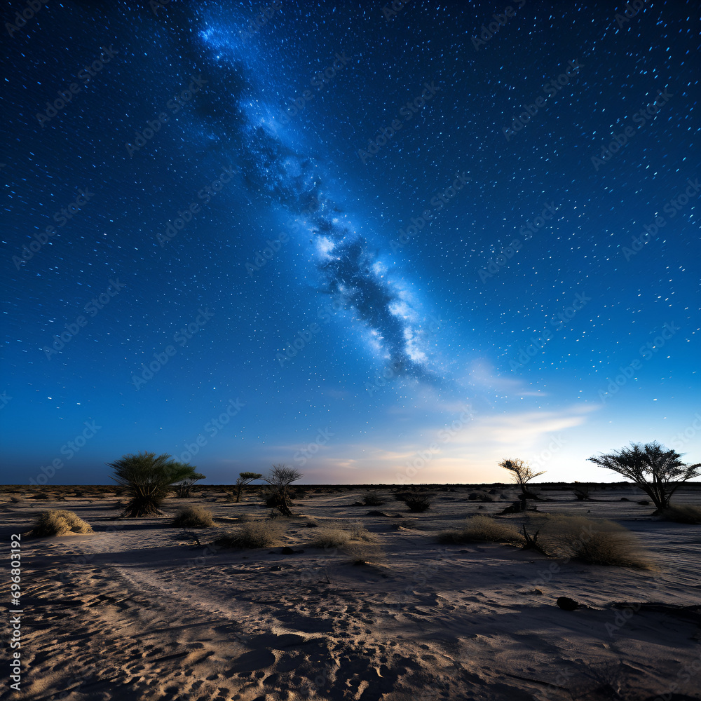A starry night sky above a vast, illuminated desert setting creates a soothing and calm atmosphere created with generative ai, starry night sky, A serene night sky with a radiant full moon and twinkli