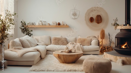 Minimal, modern , elegant, neutral, cozy and white bohemian, boho living room with a sofa and plants. soft earthy colors. Interior furniture design inspiration.