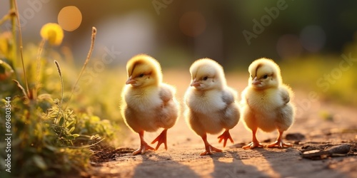Yellow Little chicks are walking on the grass