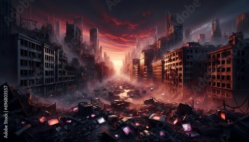 Das Ende der Zivilisation: Dystopische Stadtruinen bei Sonnenuntergang photo