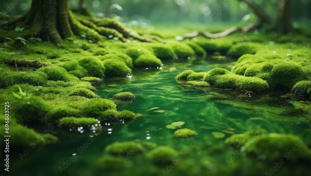 a close up of moss growing in a pond
