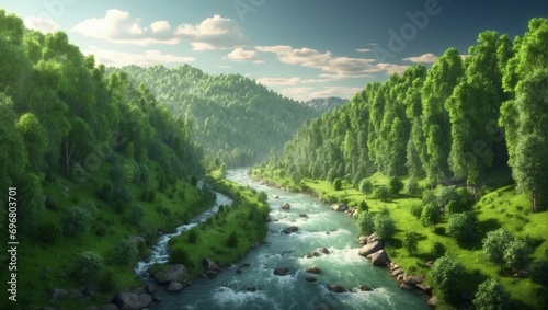 Beautiful Nature Landscape with Green Trees and River 