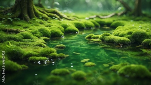 a close up of moss growing in a pond 