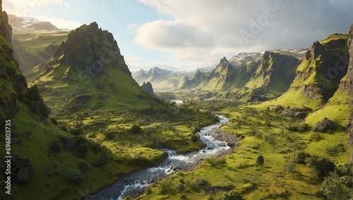 a river running through a lush green valley 